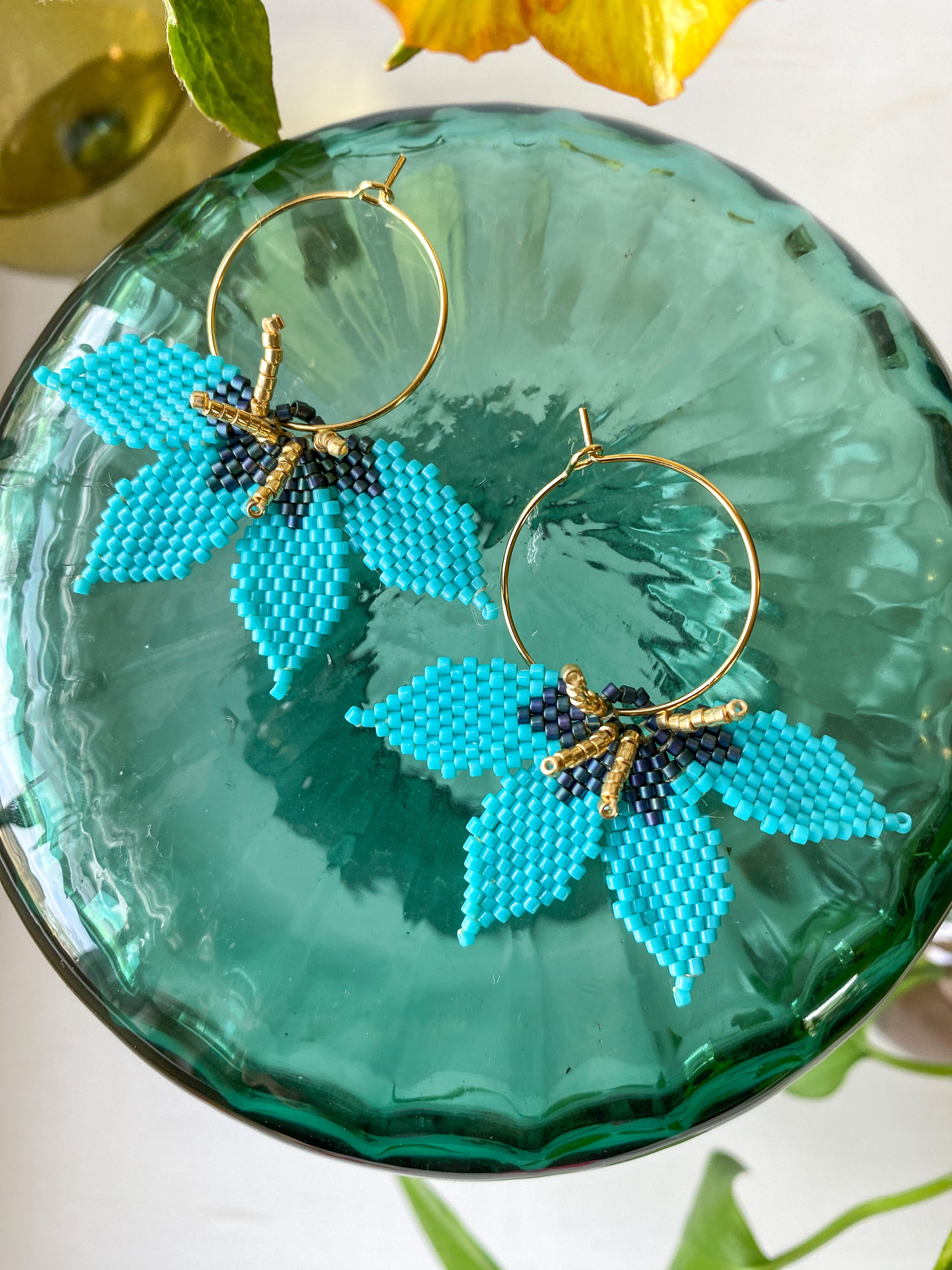 Turquoise Colored Beaded Flower Earrings with Gold Hoops