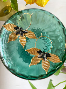 Gold Colored Beaded Flower Earrings with Gold Hoops