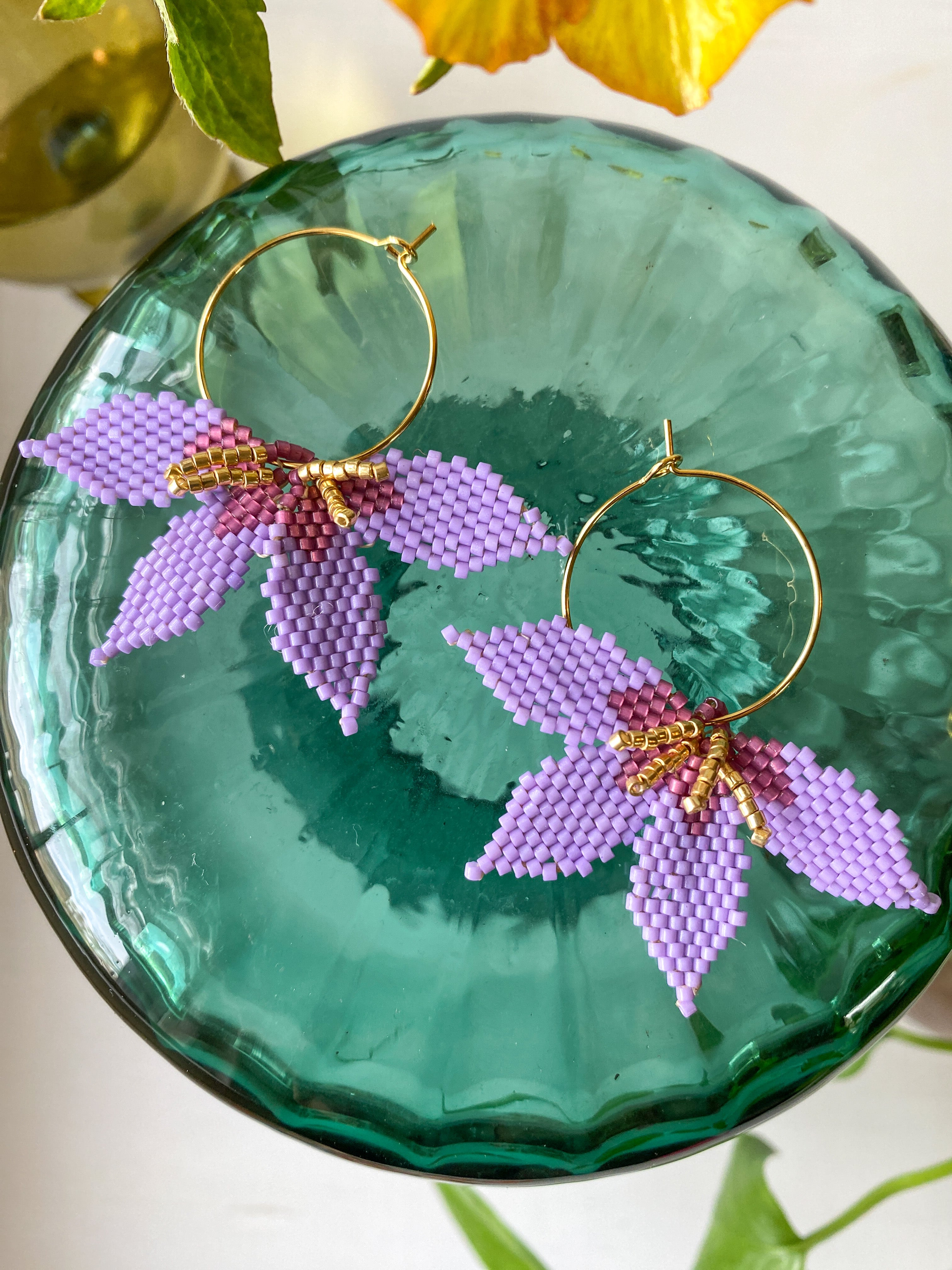 Lavender Colored Beaded Flower Earrings with Gold Hoops