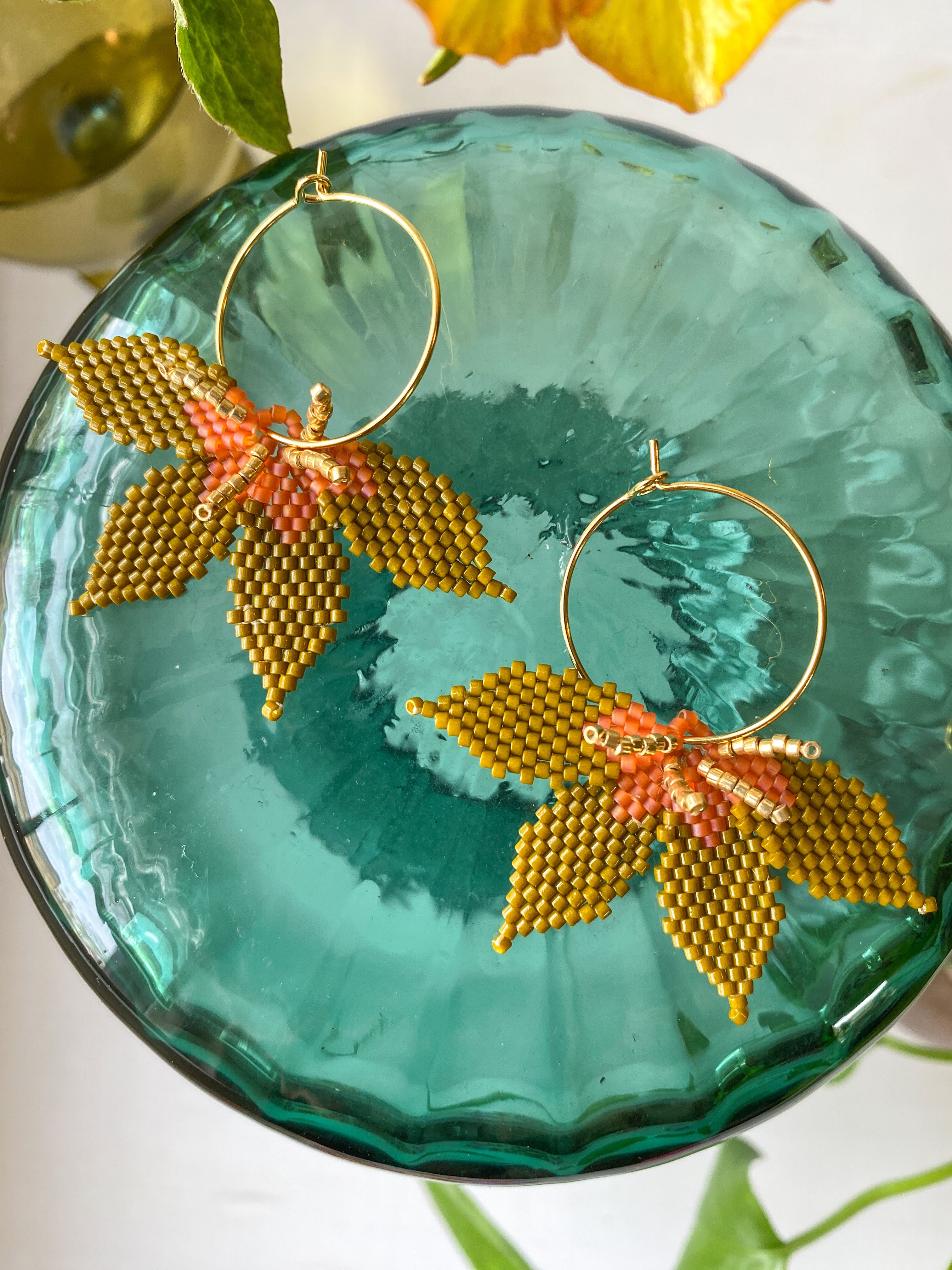 Green Colored Beaded Flower Earrings with Gold Hoops